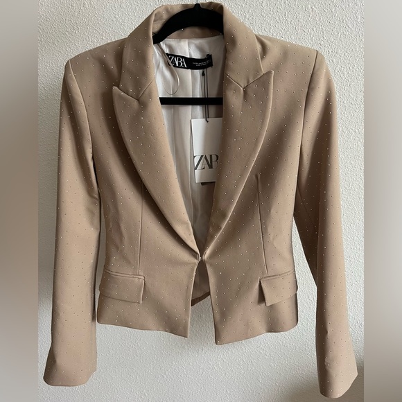 Zara BEIGE CROPPED BLAZER WITH RHINESTONES - Picture 2 of 14